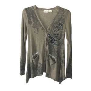 Women's Miss Me Olive Green Embellished Button Front Wool Blend Cardigan. Size M